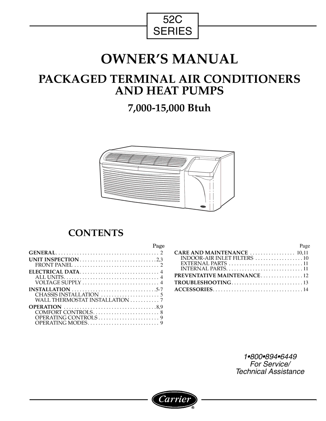 Carrier Access 52C owner manual Packaged Terminal AIR Conditioners Heat Pumps, Contents 