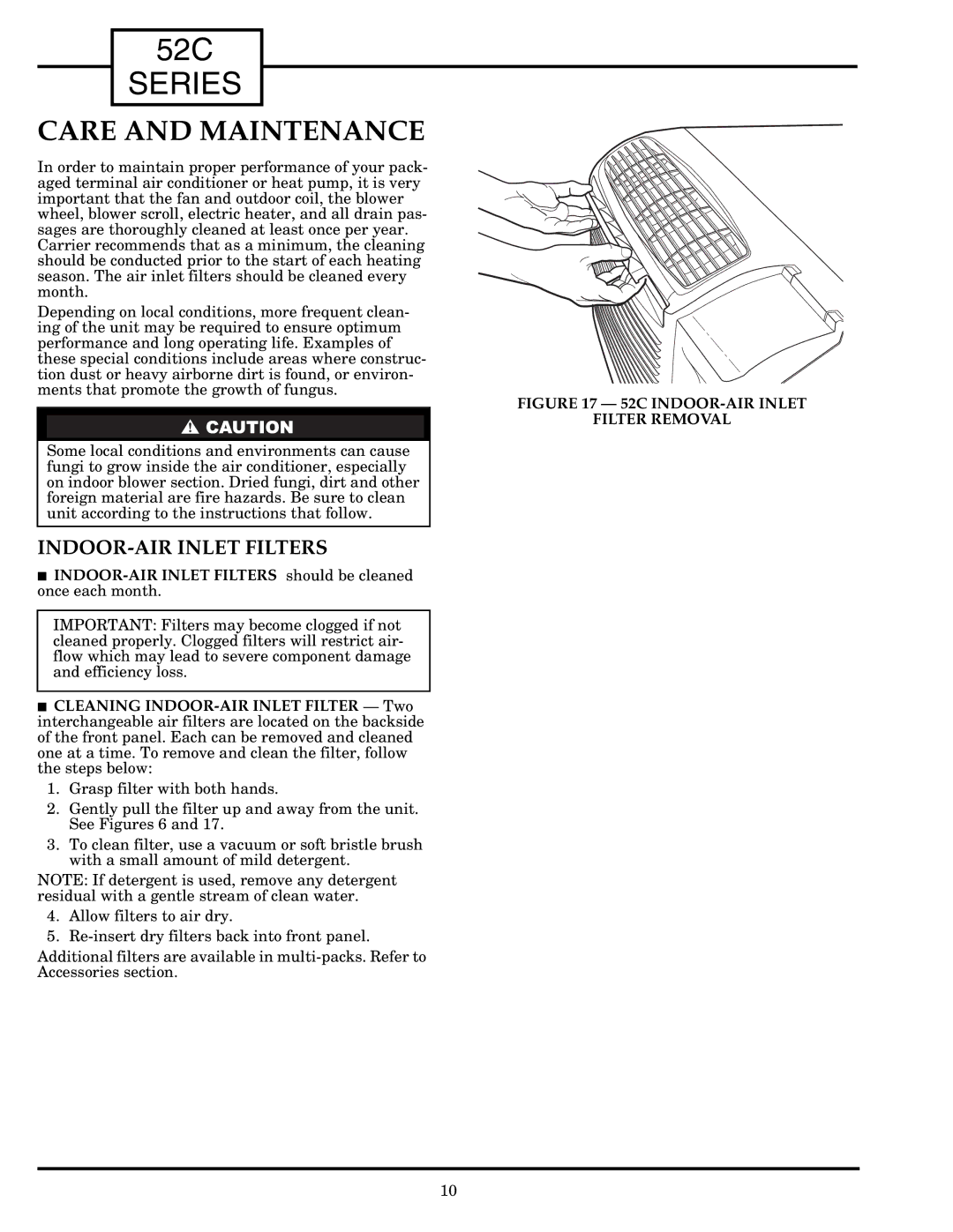 Carrier Access 52C owner manual Care and Maintenance, INDOOR-AIR Inlet Filters 