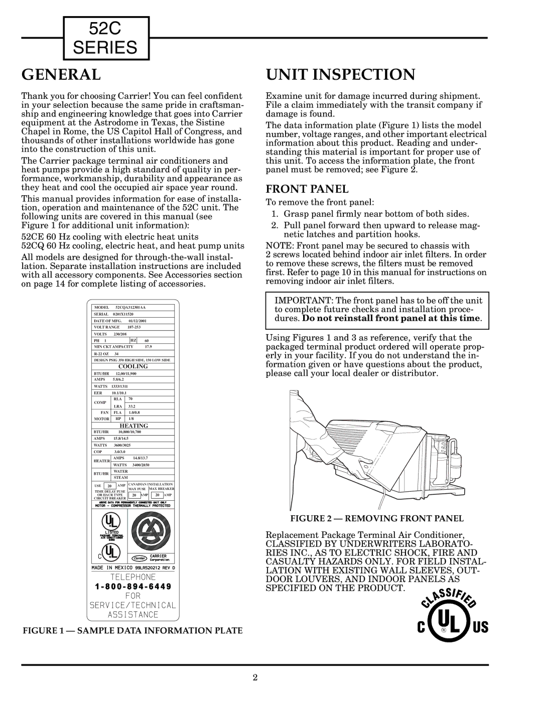 Carrier Access 52C owner manual General, Unit Inspection, Front Panel 