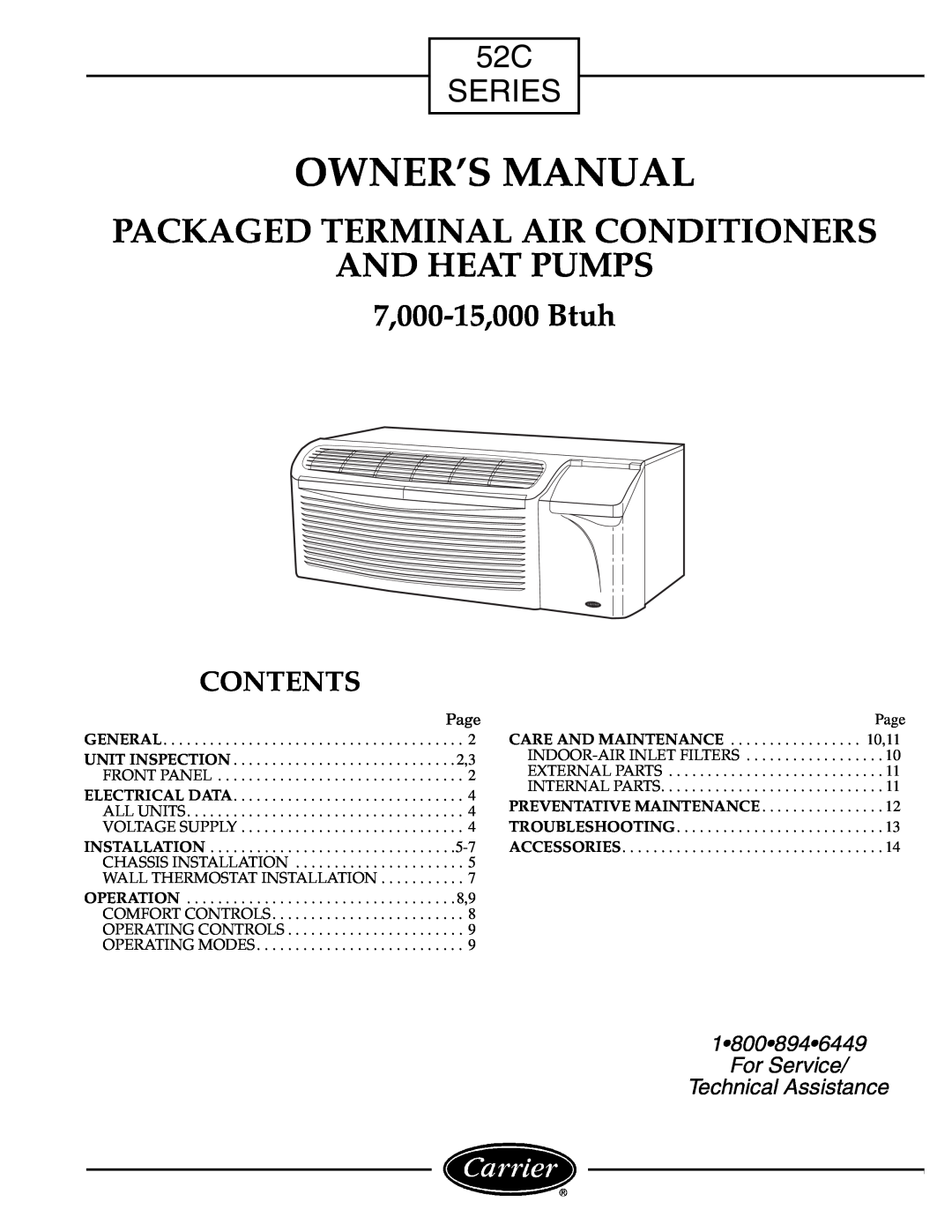 Carrier Access owner manual Contents, Packaged Terminal Air Conditioners And Heat Pumps, 52C SERIES, 7,000-15,000Btuh 