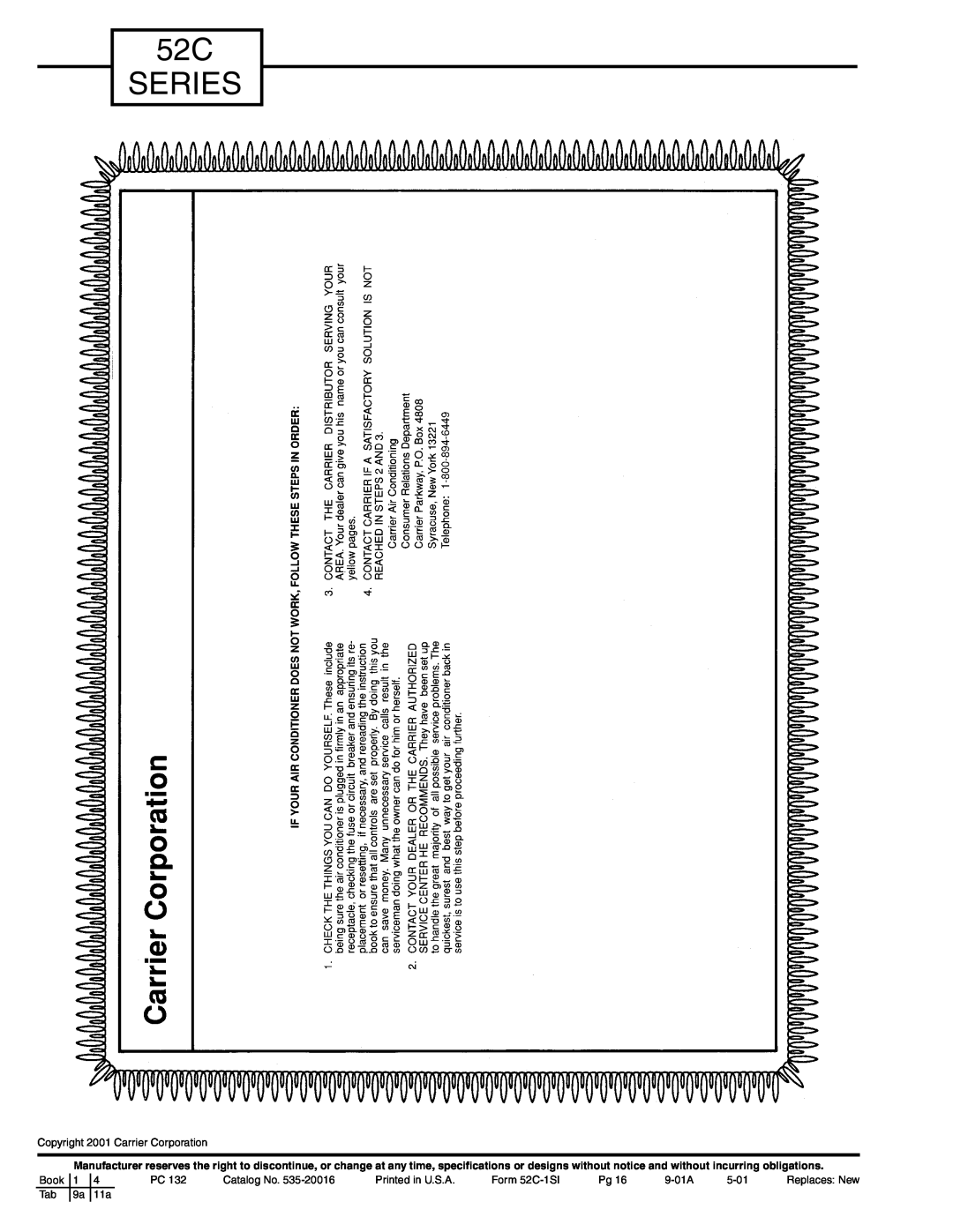 Carrier Access owner manual 52C SERIES, Copyright 2001 Carrier Corporation 