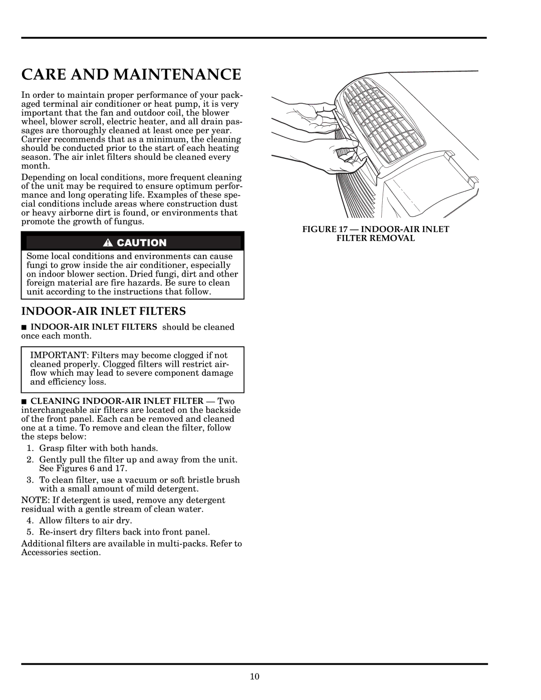 Carrier Access 52P owner manual Care and Maintenance, INDOOR-AIR Inlet Filters 