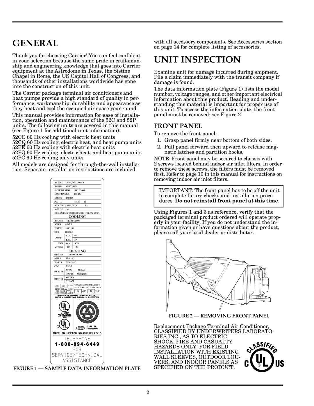 Carrier Access 52P owner manual General, Unit Inspection, Front Panel 