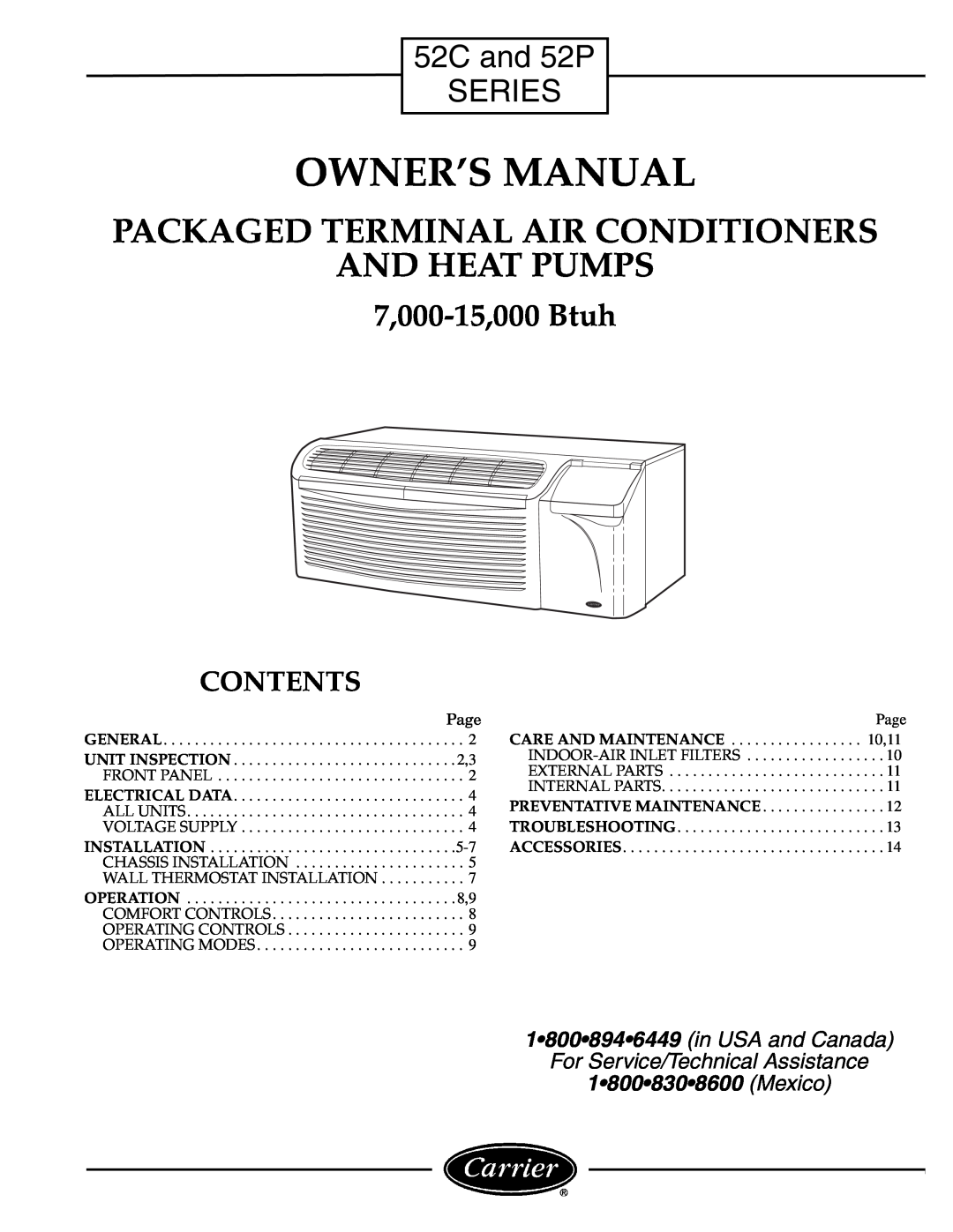 Carrier Access owner manual 52C 52Cand 52P, Series, Contents, Packaged Terminal Air Conditioners And Heat Pumps 