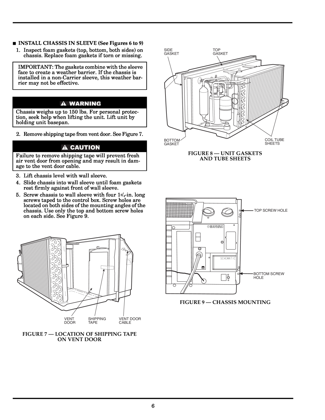 Carrier Access 52P INSTALL CHASSIS IN SLEEVE See Figures 6 to, Location Of Shipping Tape On Vent Door, Chassis Mounting 