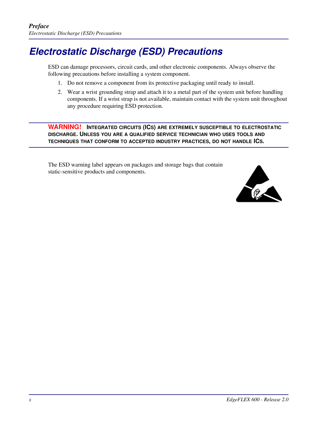 Carrier Access 600, EdgeFLEX installation manual Electrostatic Discharge ESD Precautions 