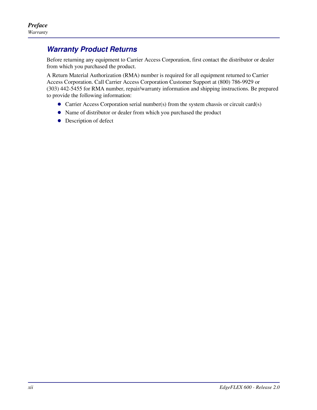 Carrier Access 600, EdgeFLEX installation manual Warranty Product Returns 