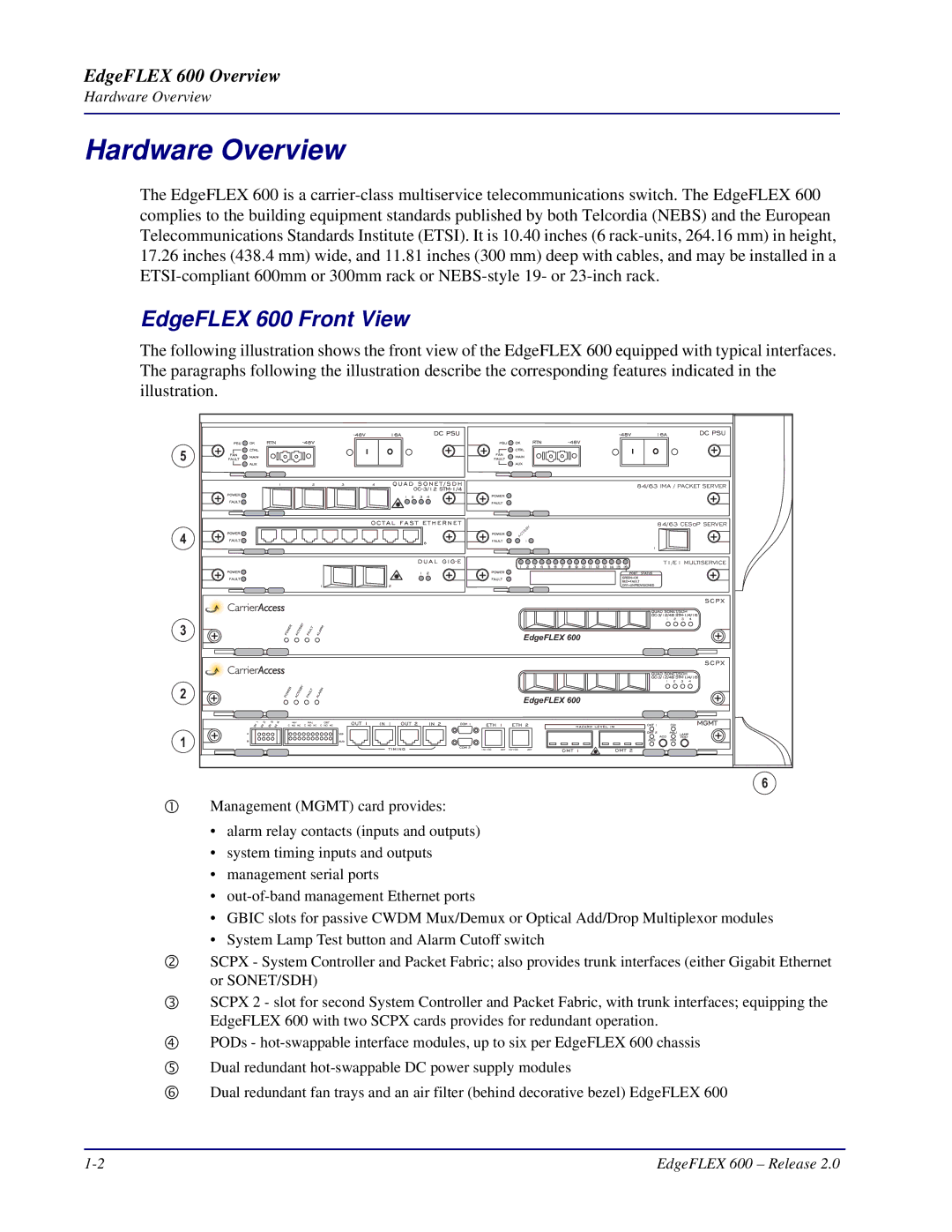 Carrier Access installation manual Hardware Overview, EdgeFLEX 600 Front View 