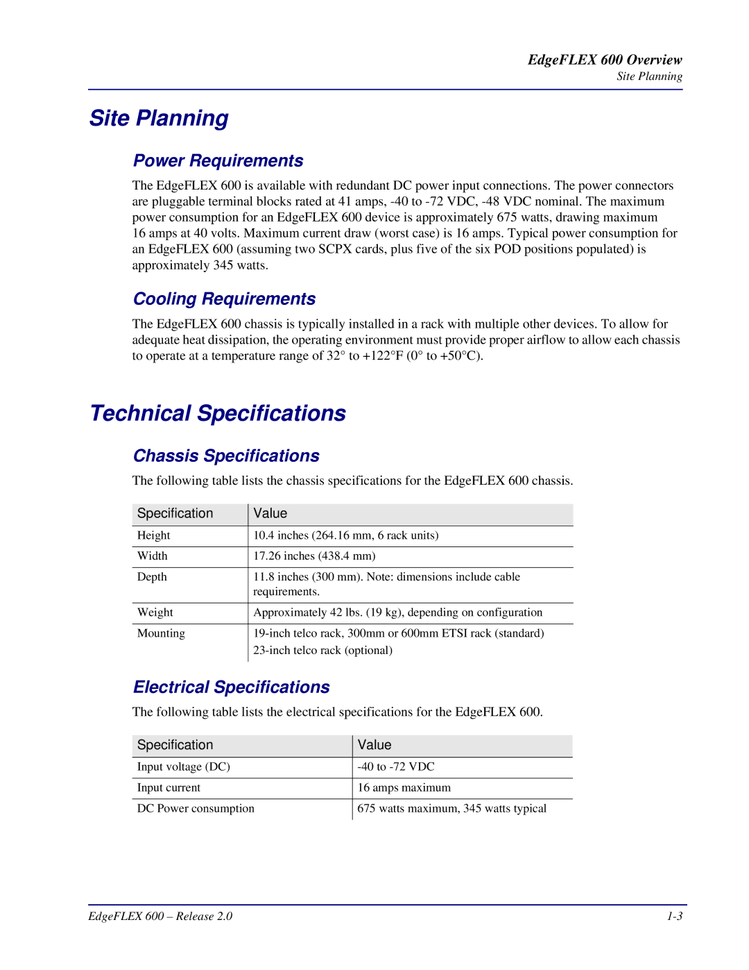 Carrier Access EdgeFLEX, 600 installation manual Site Planning, Technical Specifications 