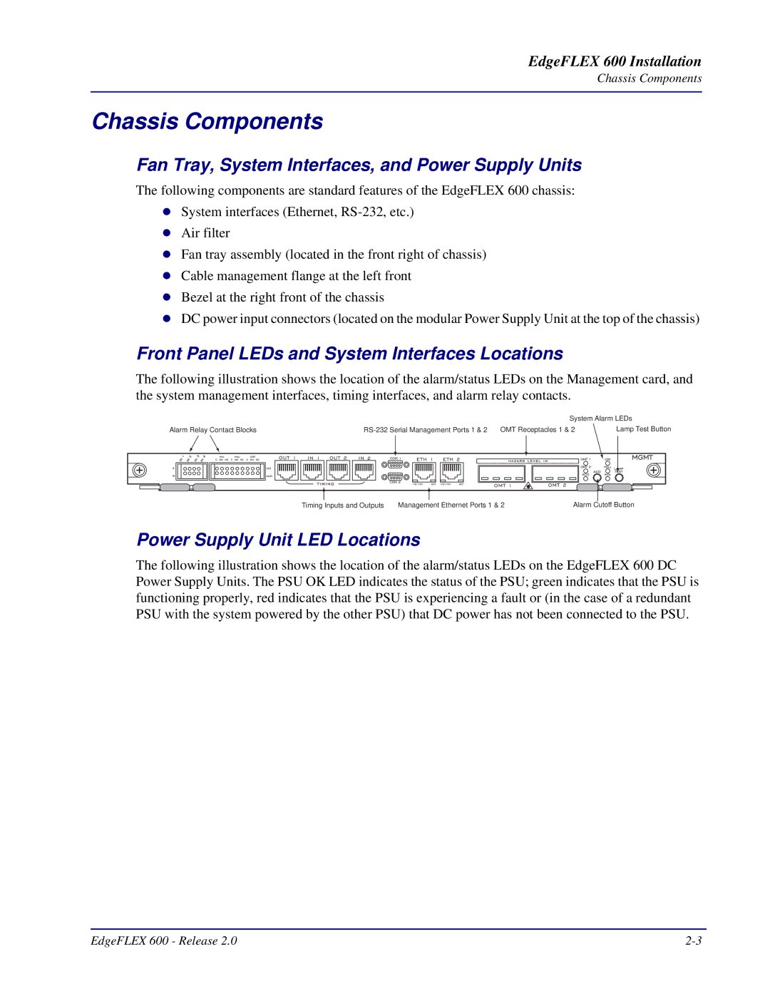 Carrier Access EdgeFLEX, 600 installation manual Chassis Components, Fan Tray, System Interfaces, and Power Supply Units 