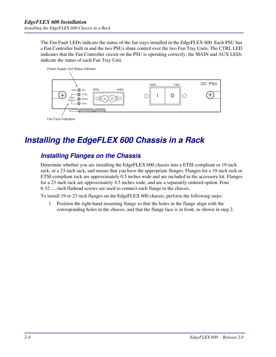 Carrier Access installation manual Installing the EdgeFLEX 600 Chassis in a Rack, Installing Flanges on the Chassis 