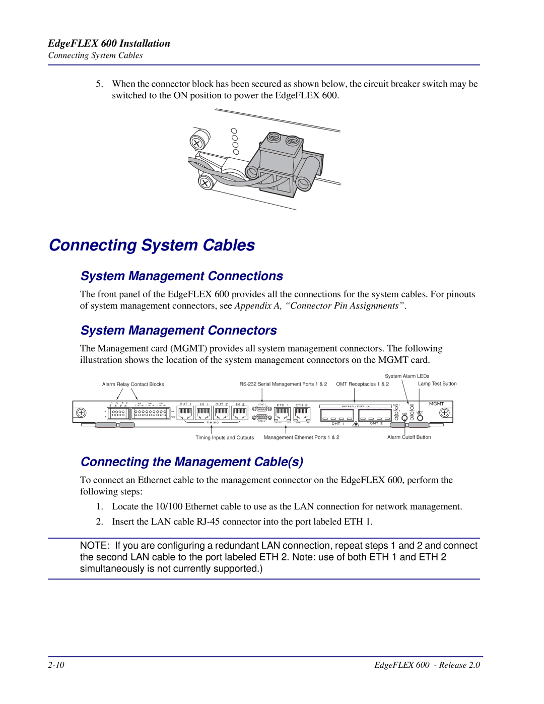 Carrier Access 600, EdgeFLEX Connecting System Cables, System Management Connections, System Management Connectors 