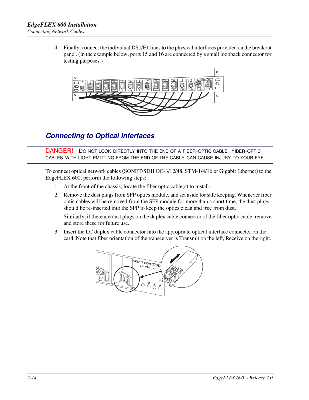 Carrier Access 600, EdgeFLEX installation manual Connecting to Optical Interfaces 