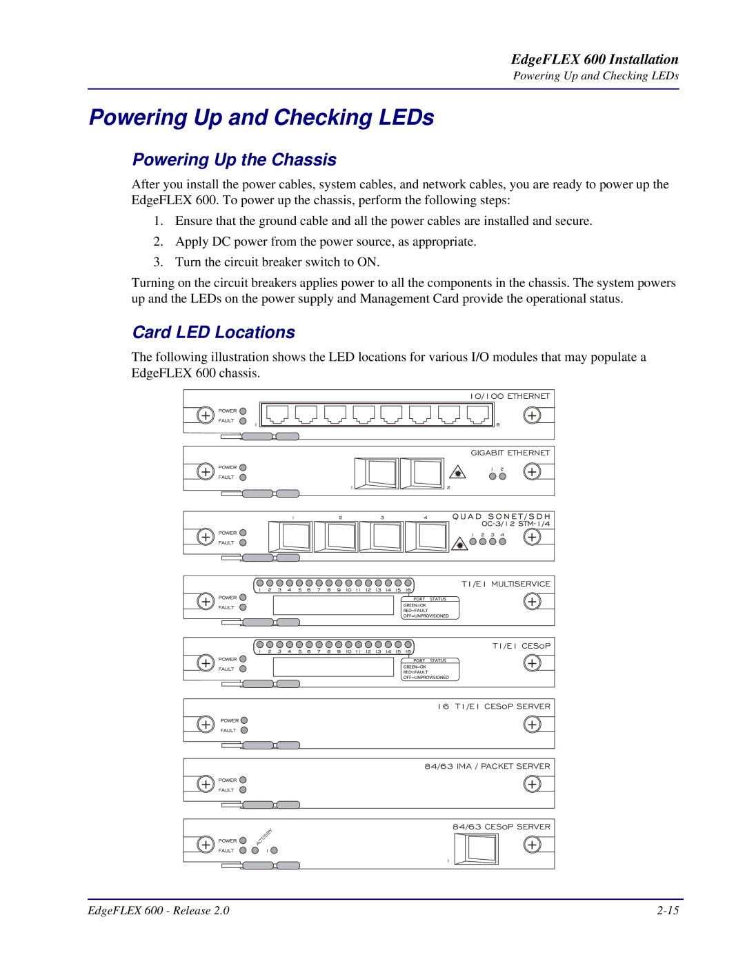 Carrier Access EdgeFLEX, 600 installation manual Powering Up and Checking LEDs, Powering Up the Chassis, Card LED Locations 