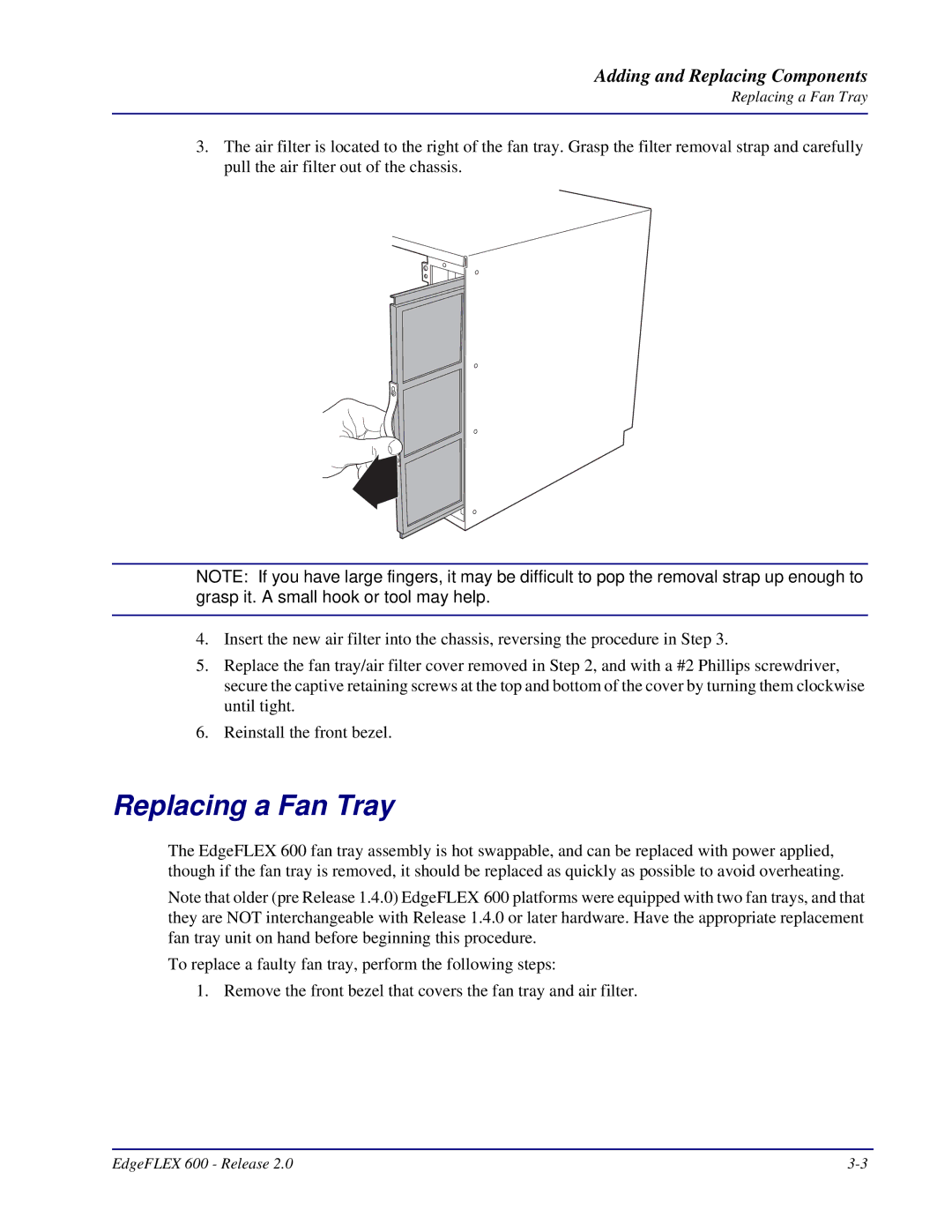 Carrier Access EdgeFLEX, 600 installation manual Replacing a Fan Tray 