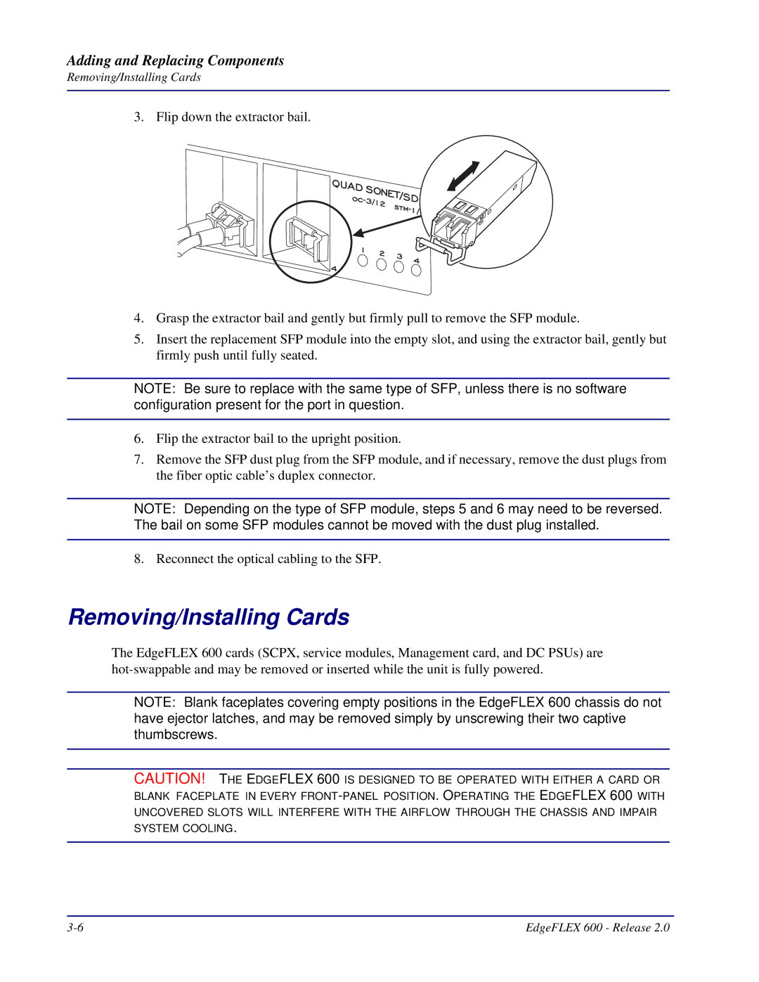 Carrier Access 600, EdgeFLEX installation manual Removing/Installing Cards 