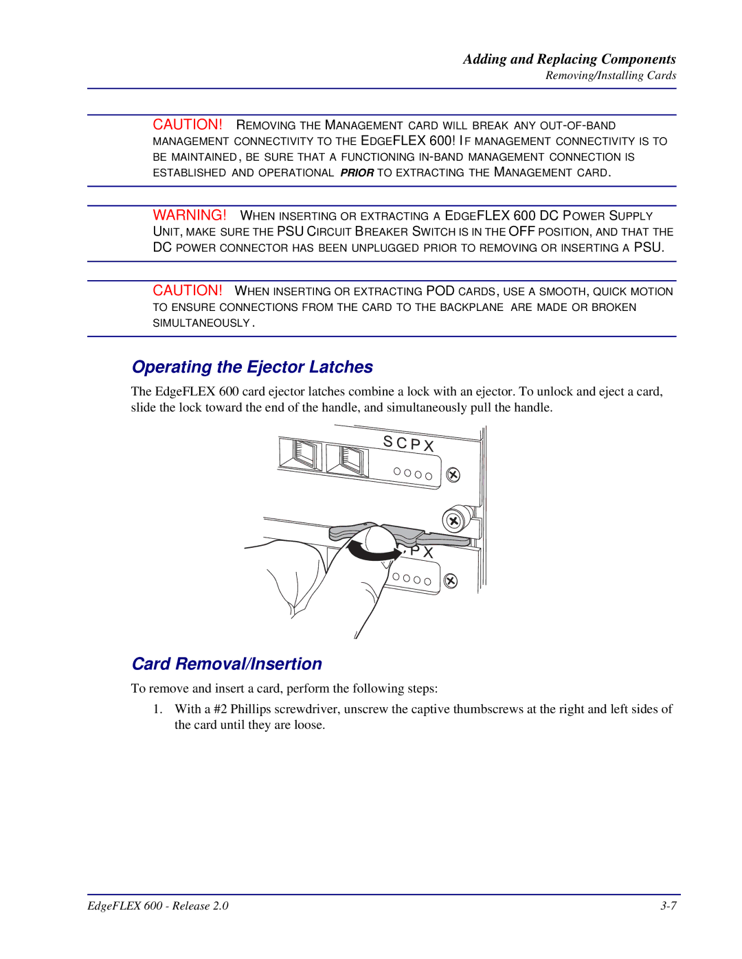 Carrier Access EdgeFLEX, 600 installation manual Operating the Ejector Latches, Card Removal/Insertion 