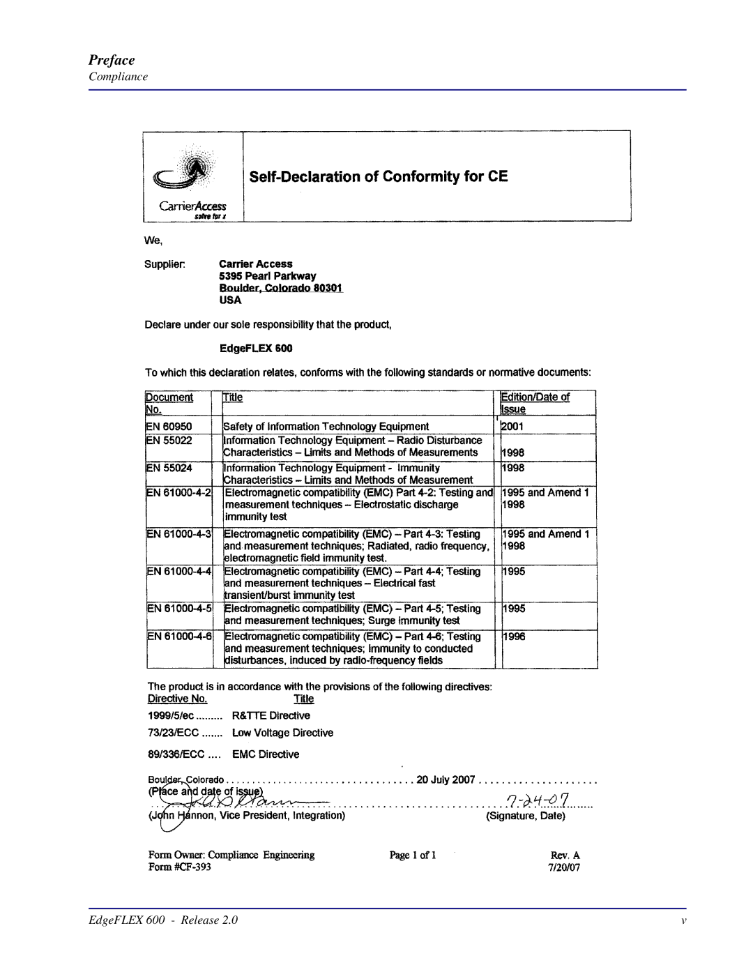 Carrier Access installation manual Compliance EdgeFLEX 600 Release 