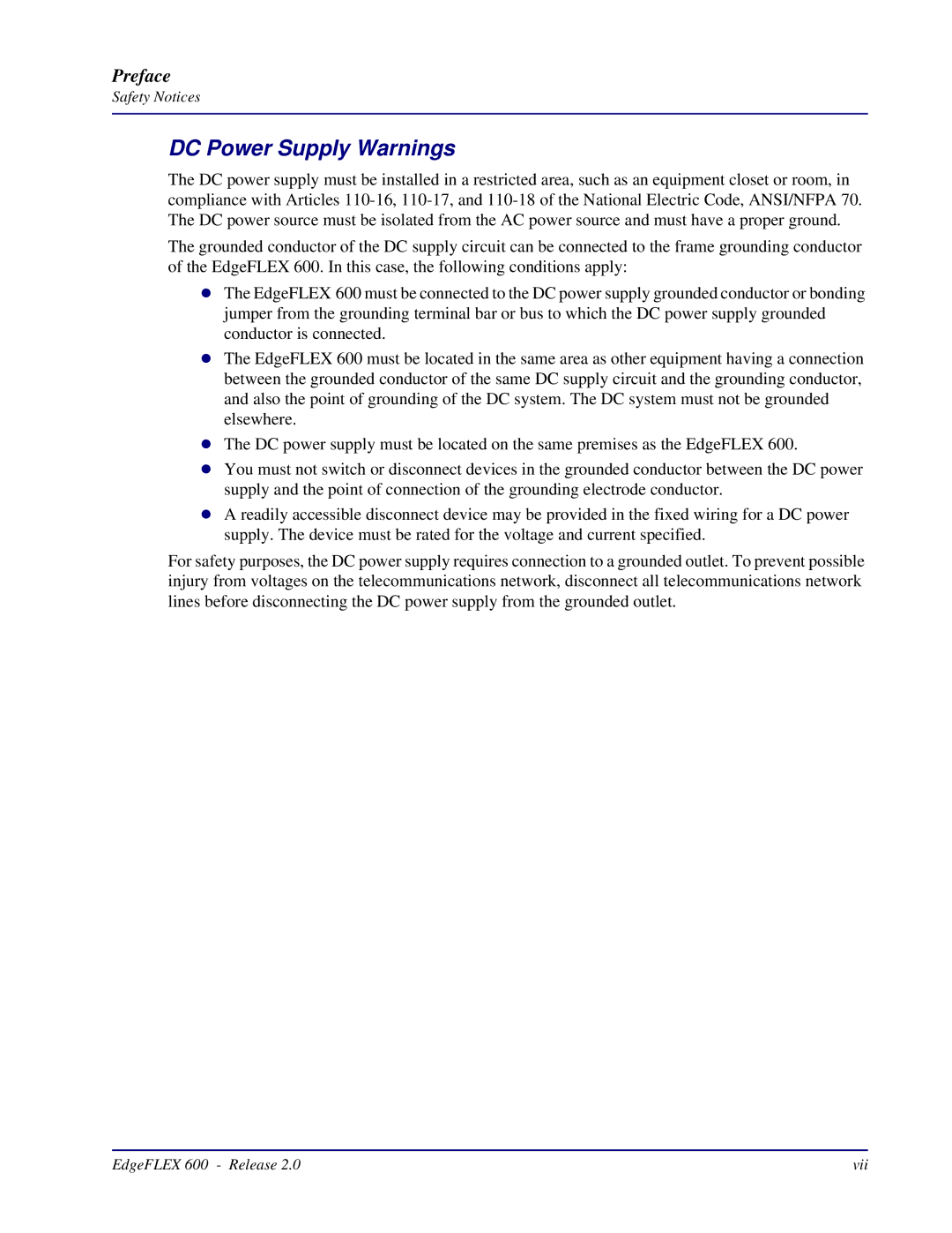 Carrier Access EdgeFLEX, 600 installation manual DC Power Supply Warnings 