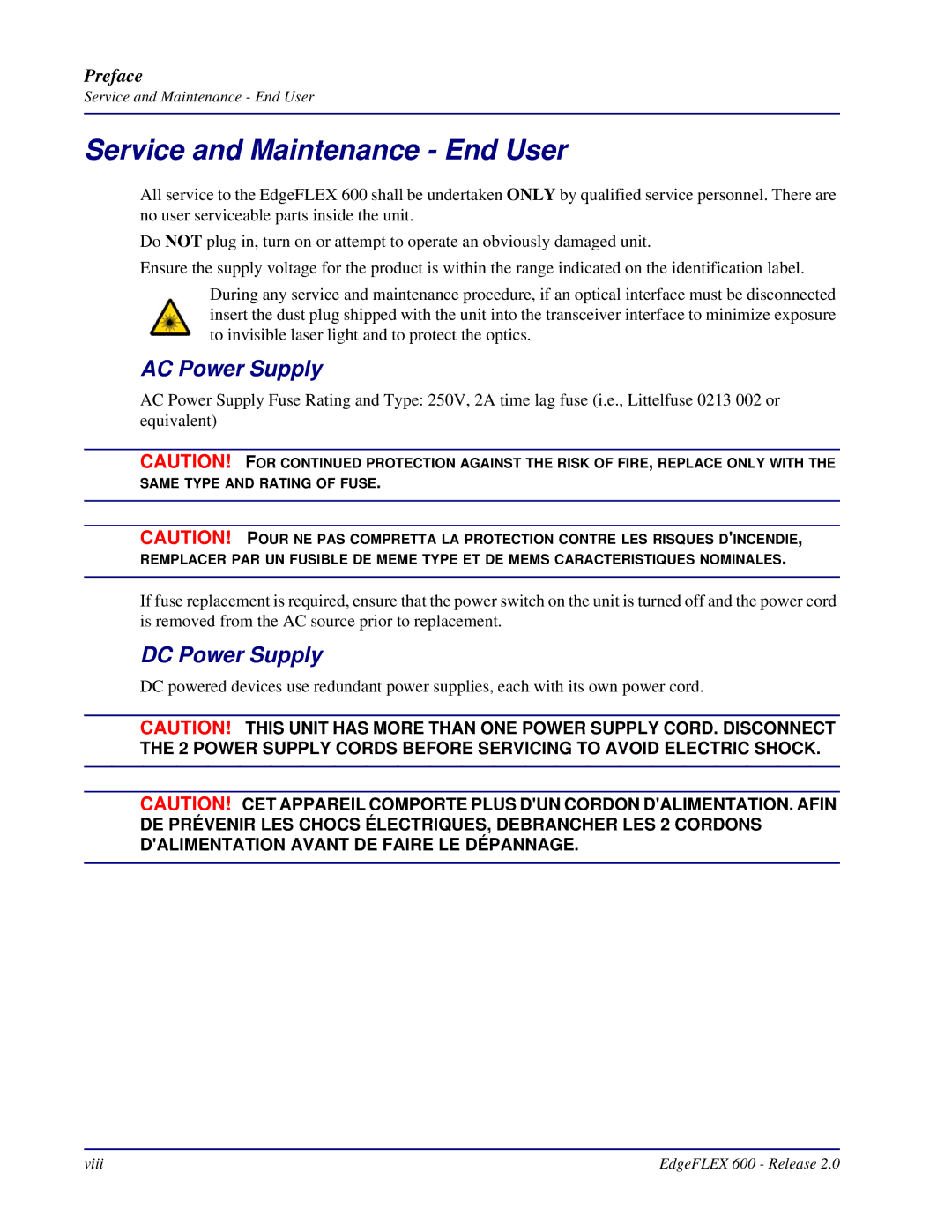 Carrier Access 600, EdgeFLEX installation manual Service and Maintenance End User, AC Power Supply, DC Power Supply 