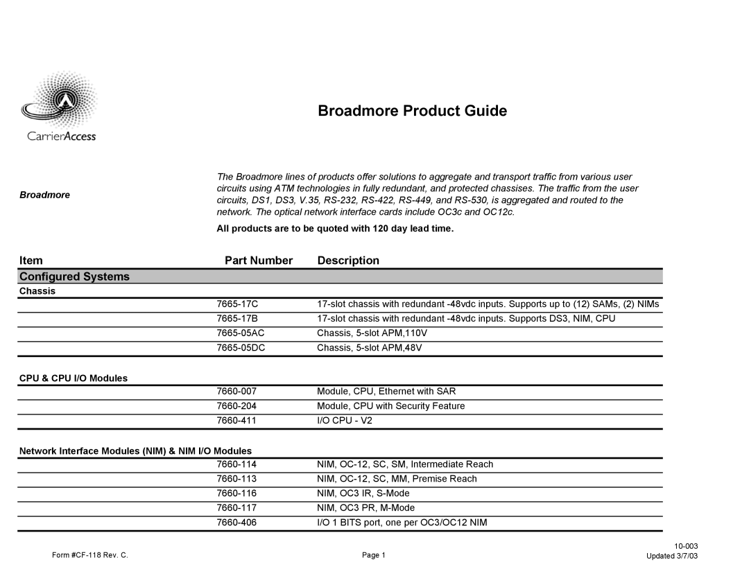 Carrier Access 7665-17C manual Part Number Description Configured Systems, Chassis, CPU & CPU I/O Modules 