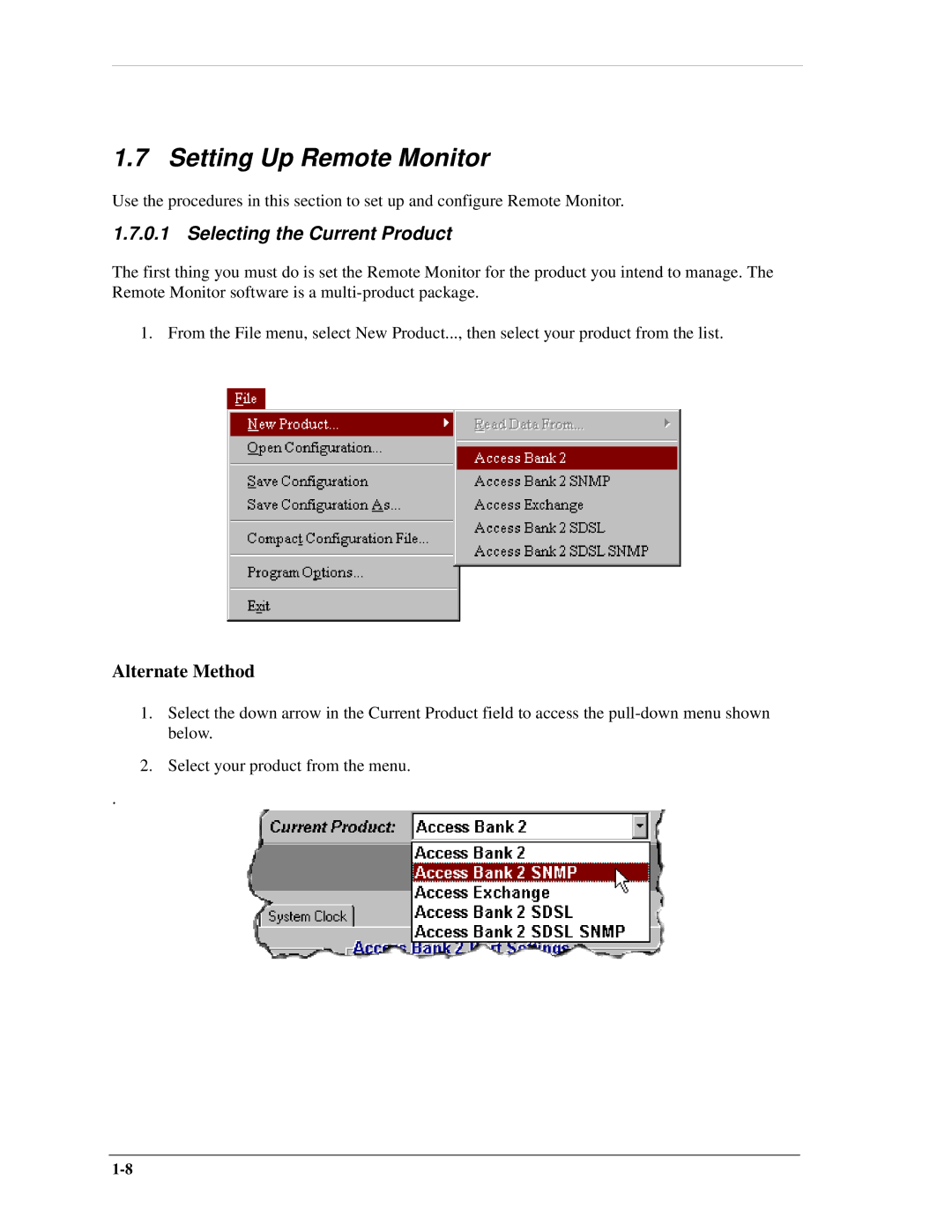 Carrier Access AB II manual Setting Up Remote Monitor, Selecting the Current Product 