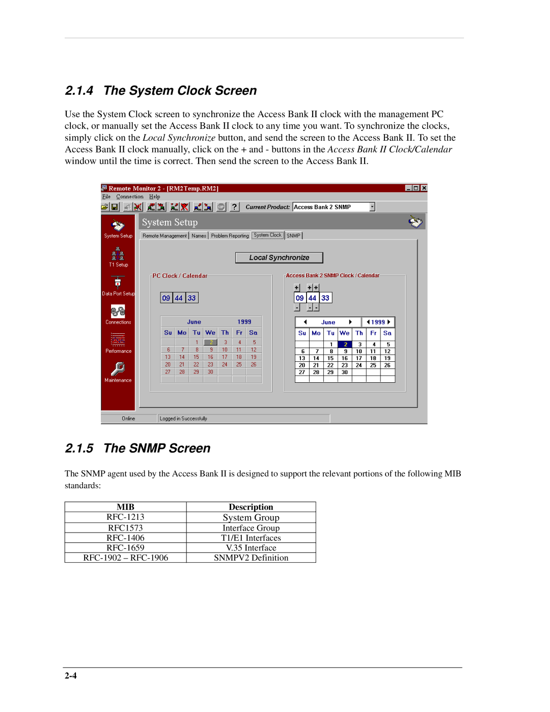 Carrier Access AB II manual System Clock Screen, Snmp Screen 