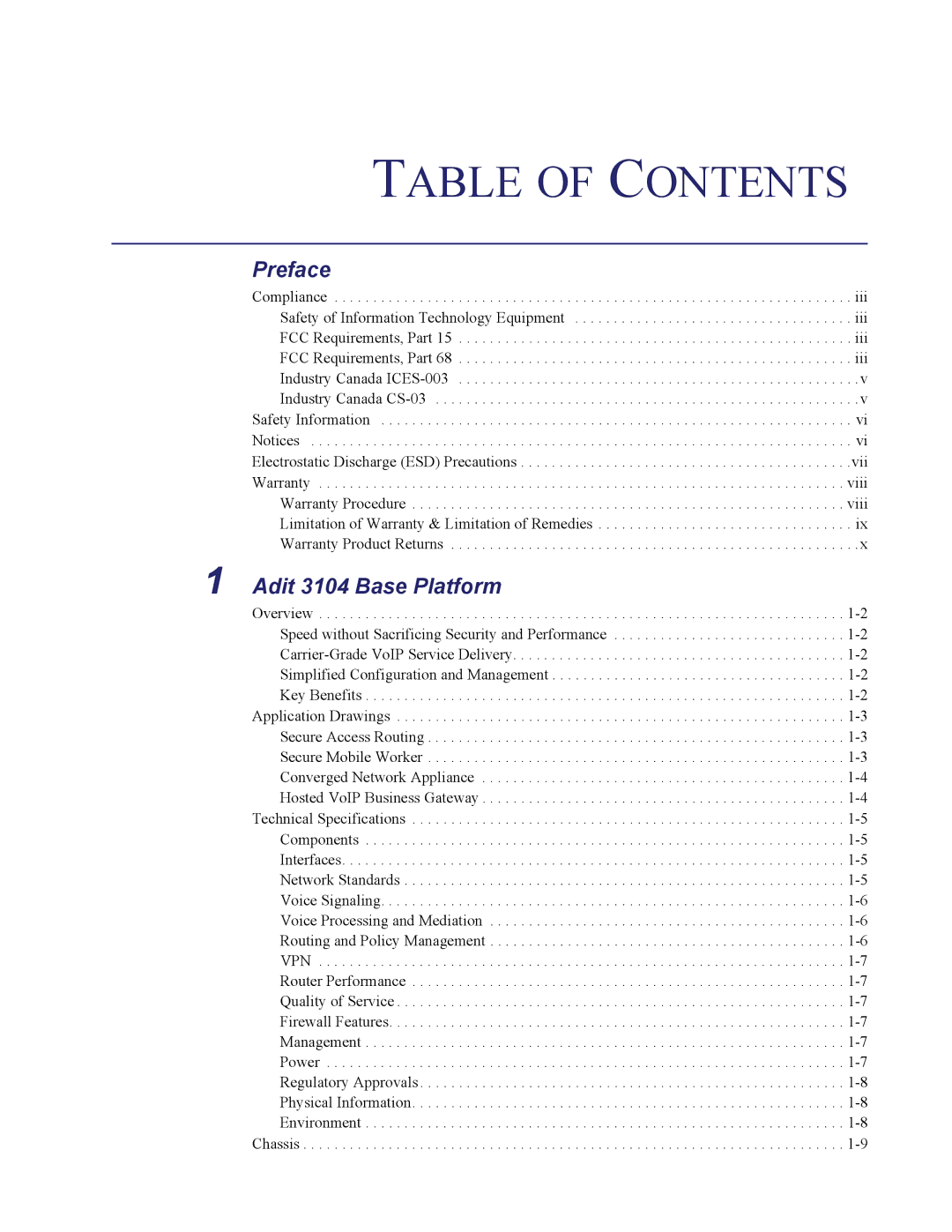 Carrier Access Adit 3104 user manual Table of Contents 