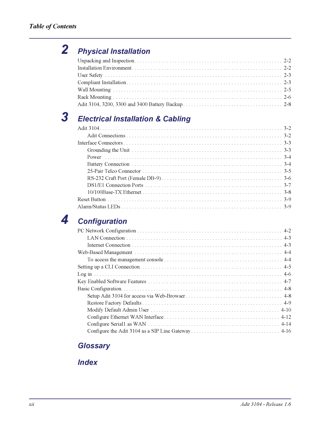 Carrier Access Adit 3104 Physical Installation, Electrical Installation & Cabling, Configuration, Glossary Index 