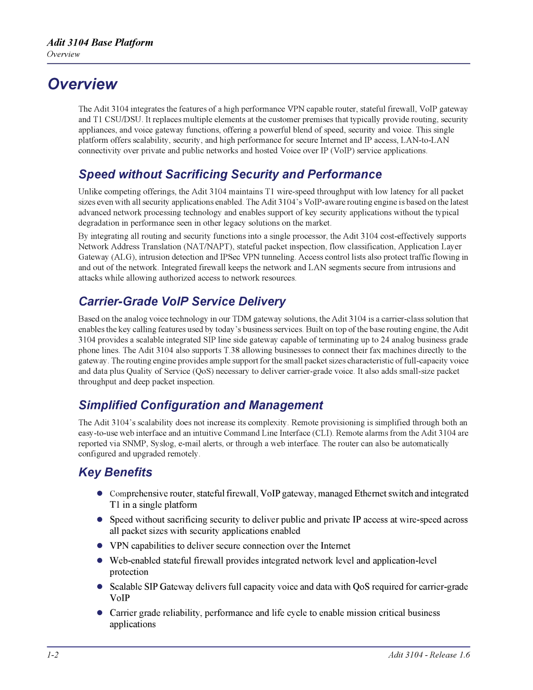 Carrier Access Adit 3104 Overview, Speed without Sacrificing Security and Performance, Carrier-Grade VoIP Service Delivery 