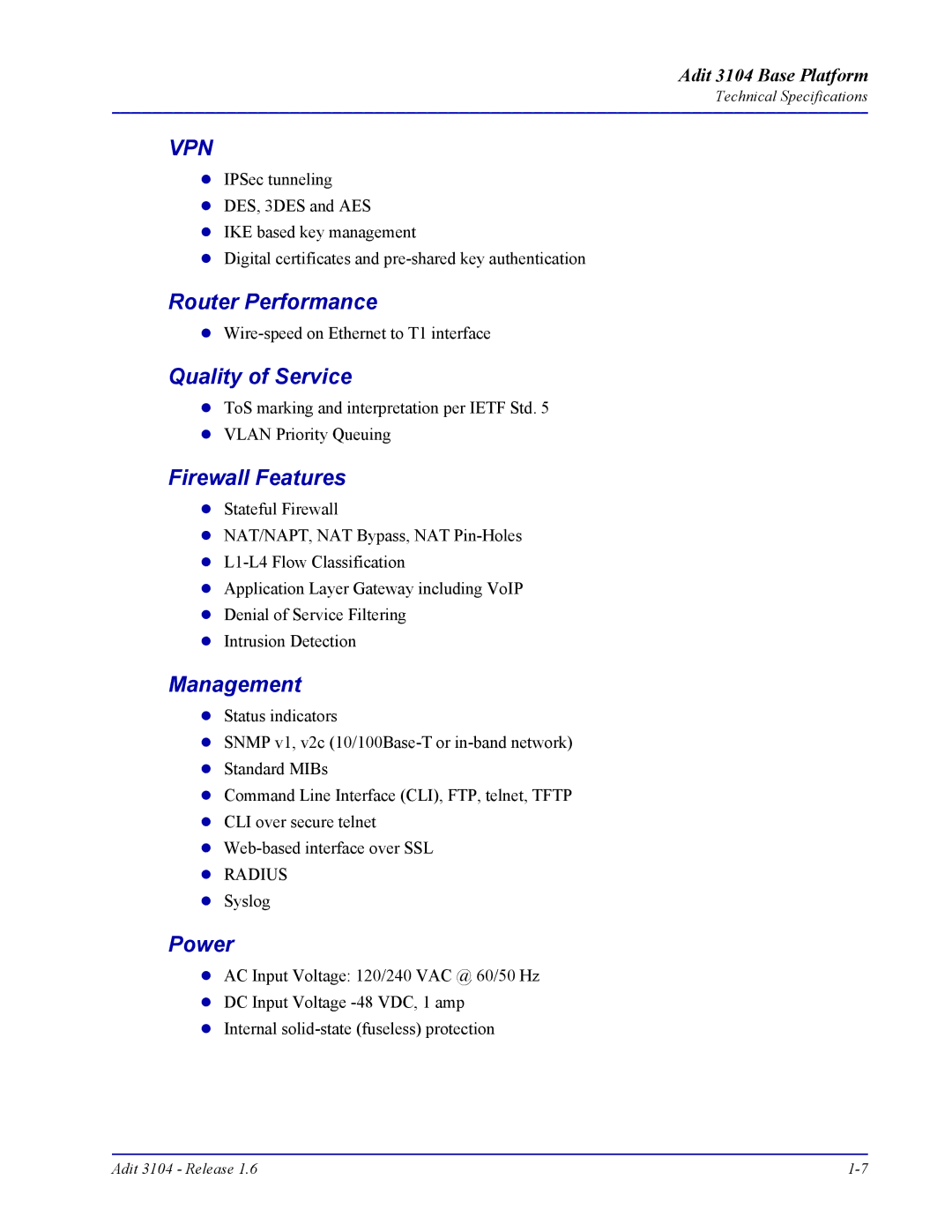 Carrier Access Adit 3104 user manual Router Performance, Quality of Service, Firewall Features, Management, Power 