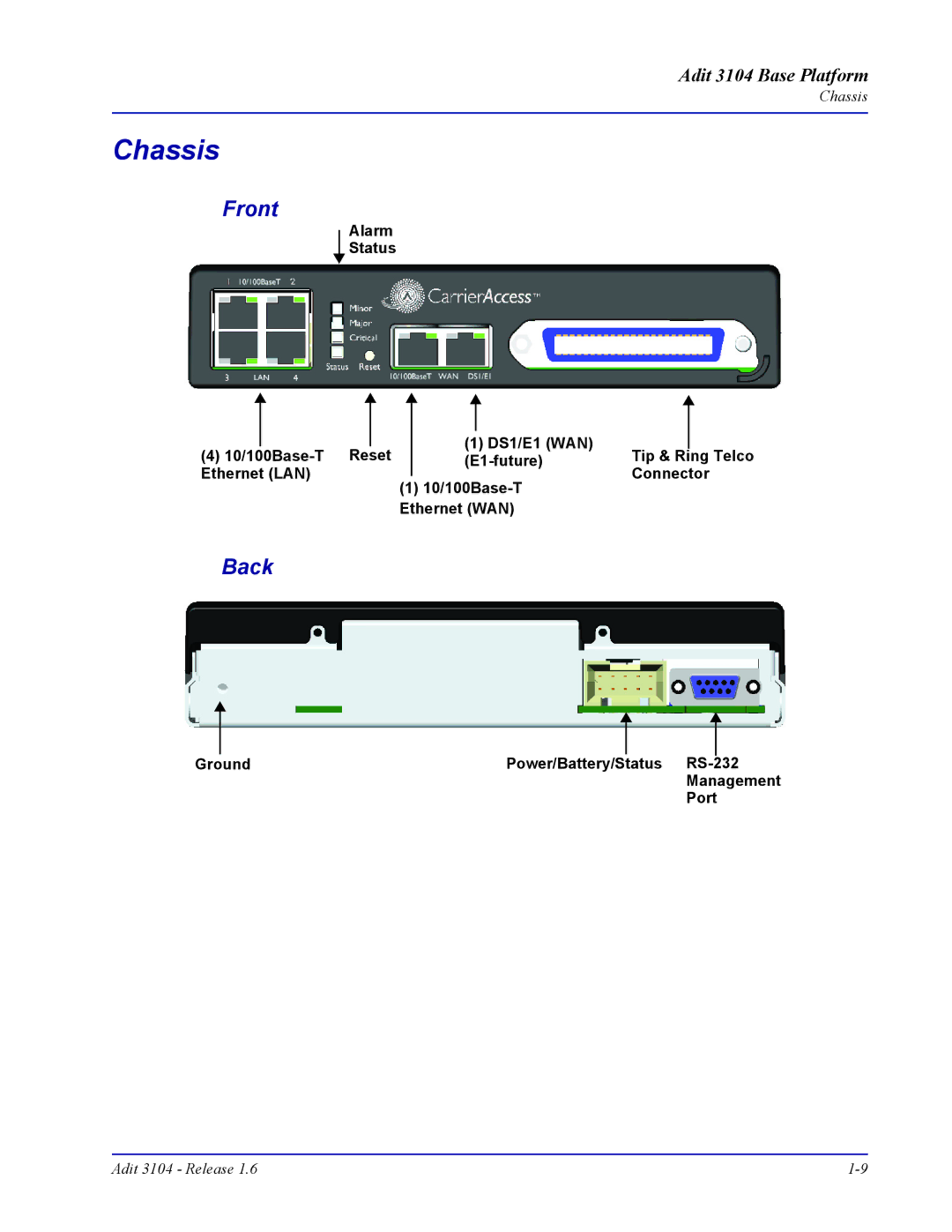 Carrier Access Adit 3104 user manual Chassis, Front, Back 