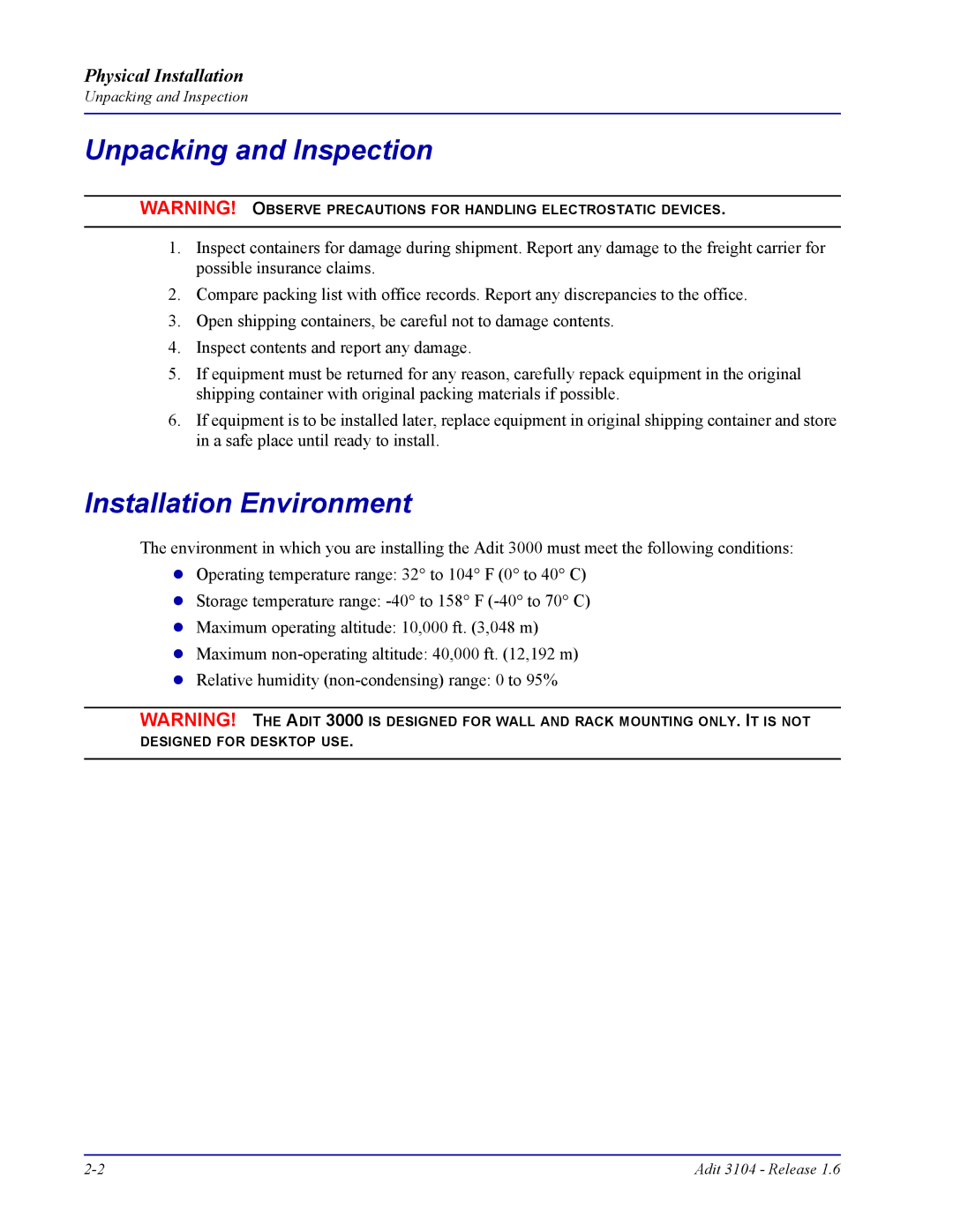 Carrier Access Adit 3104 user manual Unpacking and Inspection, Installation Environment 