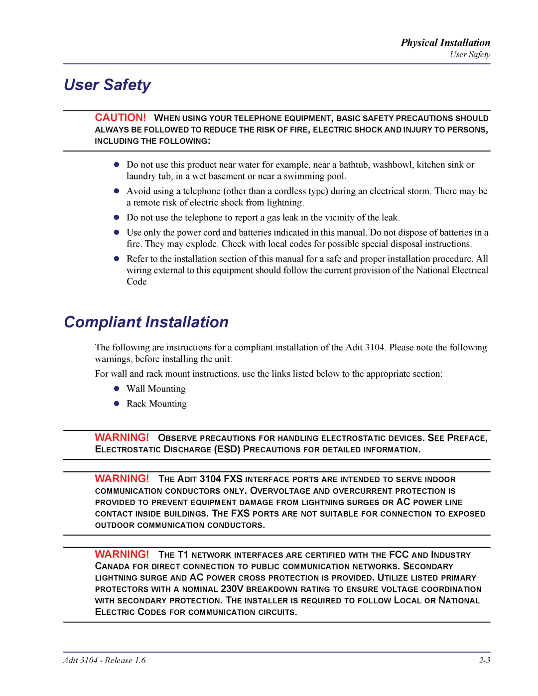 Carrier Access Adit 3104 user manual User Safety, Compliant Installation 