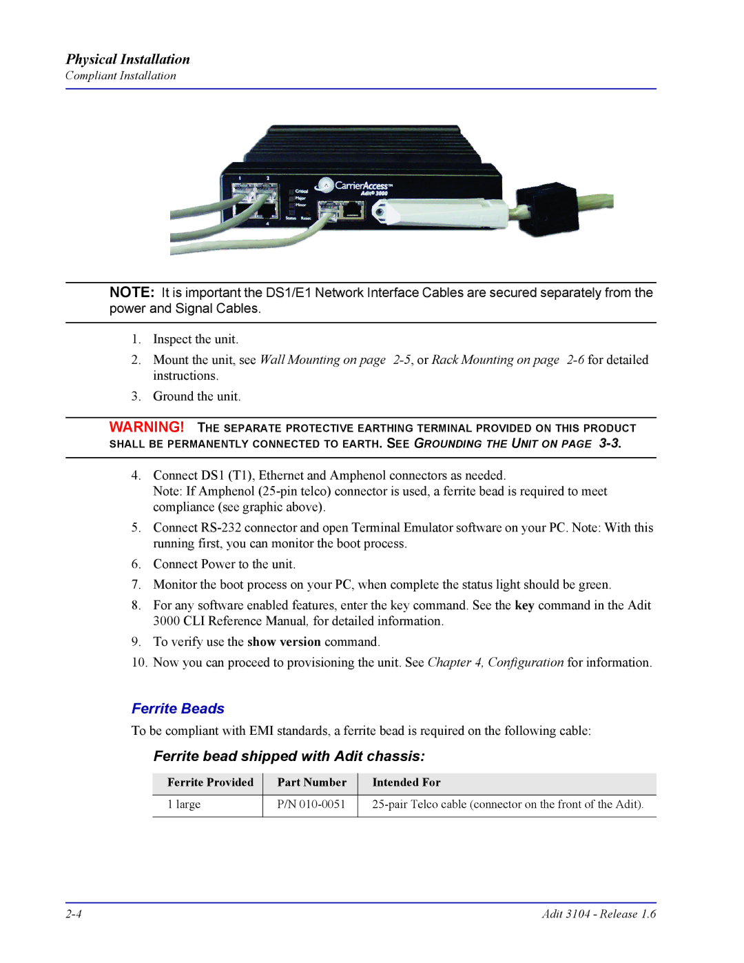 Carrier Access Adit 3104 user manual Ferrite Beads, Ferrite bead shipped with Adit chassis 