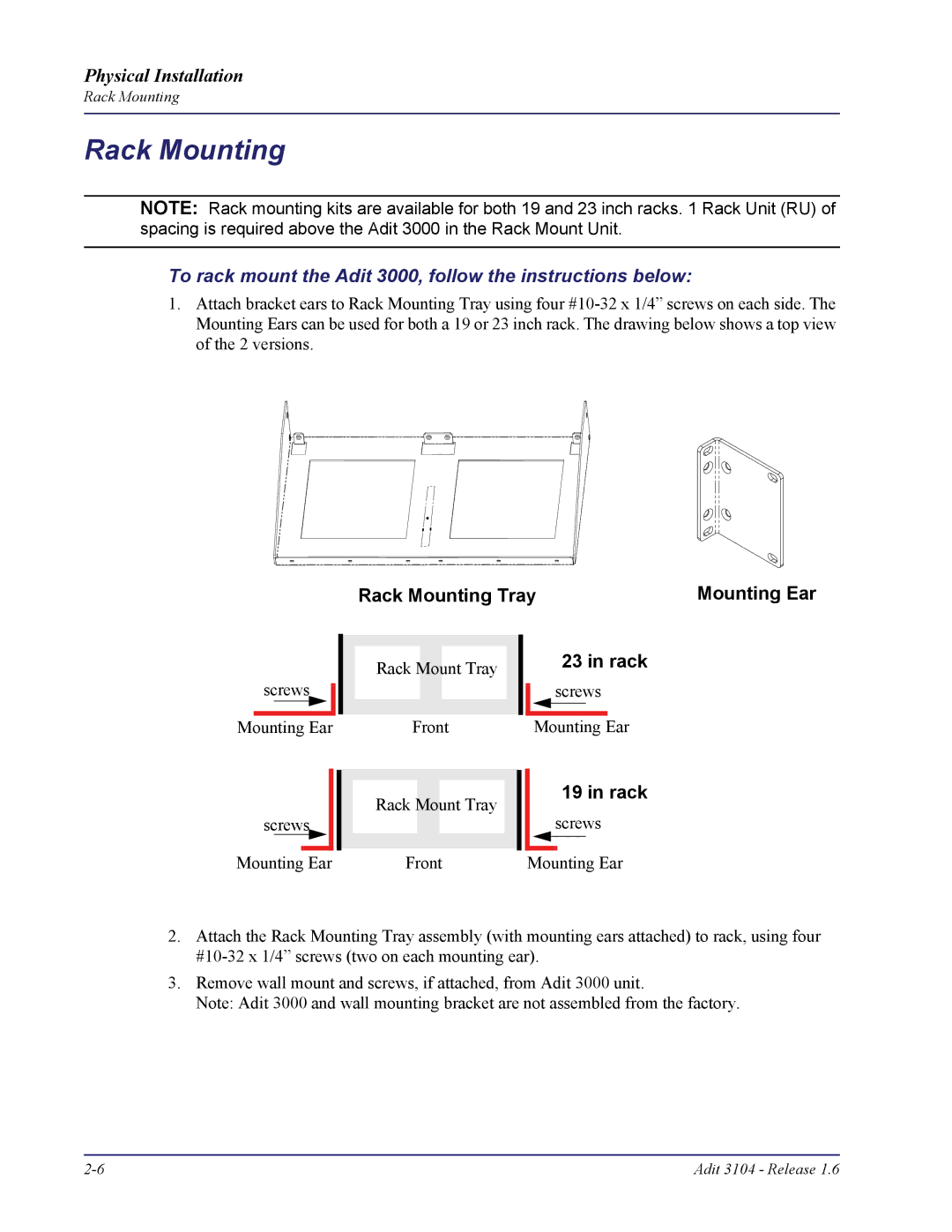 Carrier Access Adit 3104 user manual Rack Mounting, To rack mount the Adit 3000, follow the instructions below 