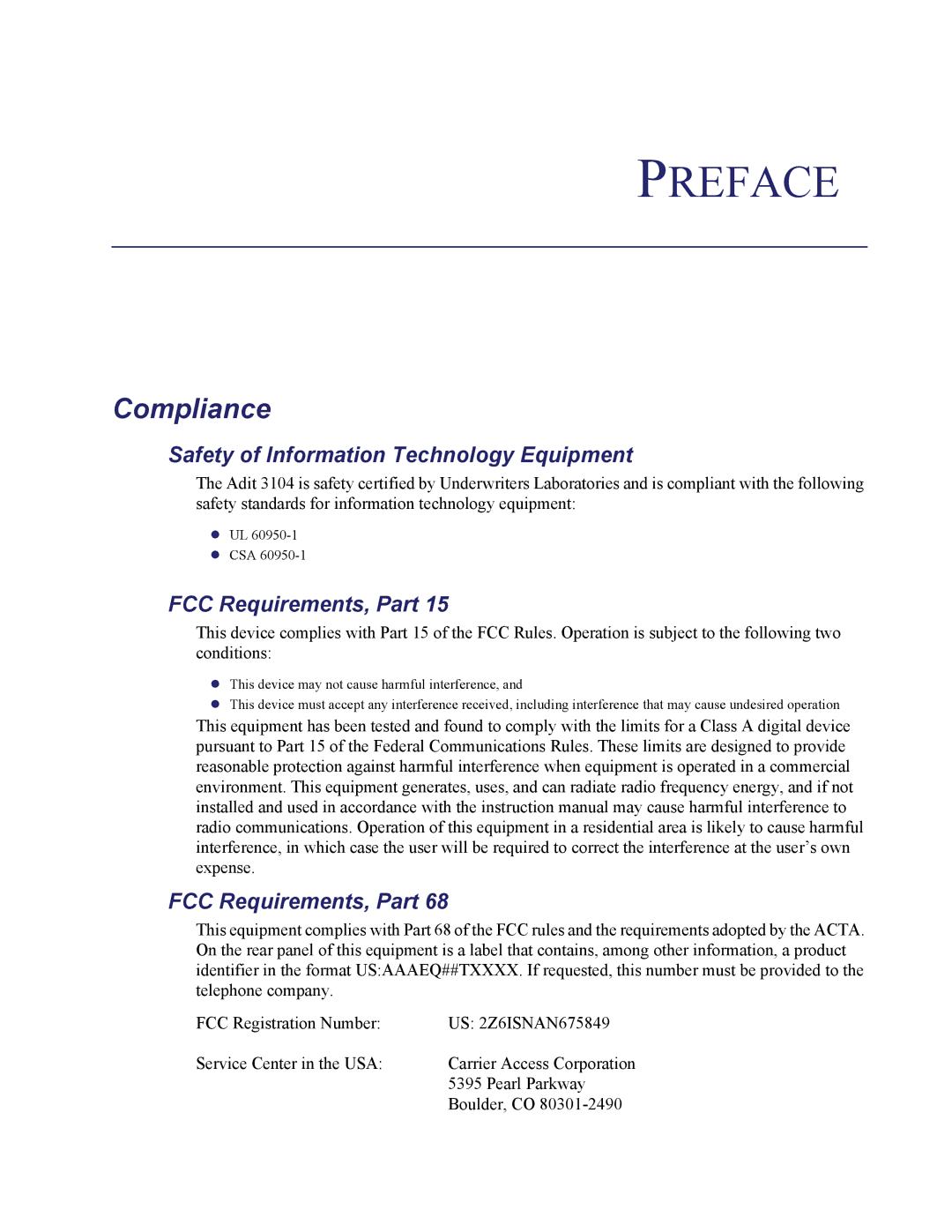 Carrier Access Adit 3104 user manual Compliance, Safety of Information Technology Equipment, FCC Requirements, Part 