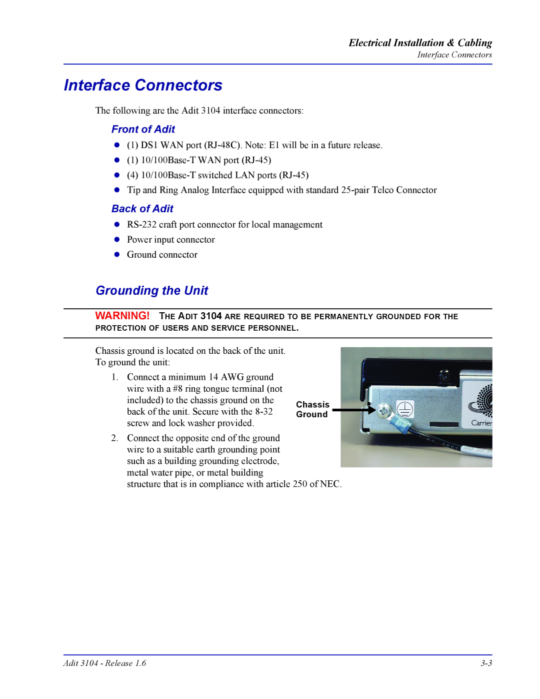 Carrier Access Adit 3104 user manual Interface Connectors, Grounding the Unit, Front of Adit, Back of Adit 