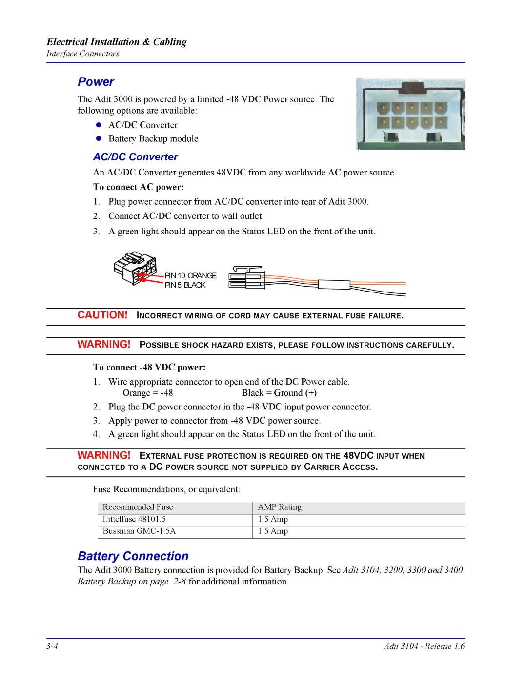 Carrier Access Adit 3104 user manual Battery Connection, AC/DC Converter 