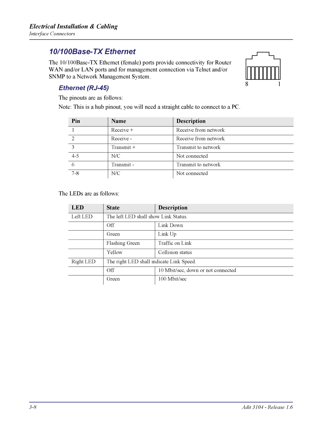 Carrier Access Adit 3104 user manual 10/100Base-TX Ethernet, Ethernet RJ-45 