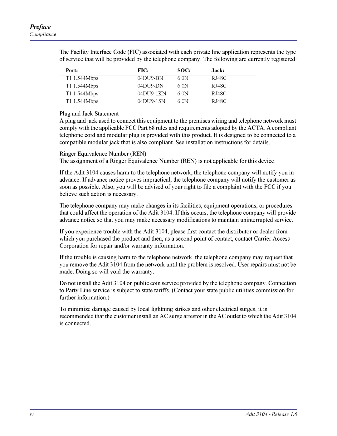 Carrier Access Adit 3104 user manual Preface 