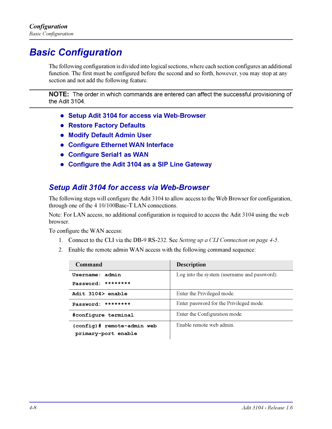 Carrier Access user manual Basic Configuration, Setup Adit 3104 for access via Web-Browser 