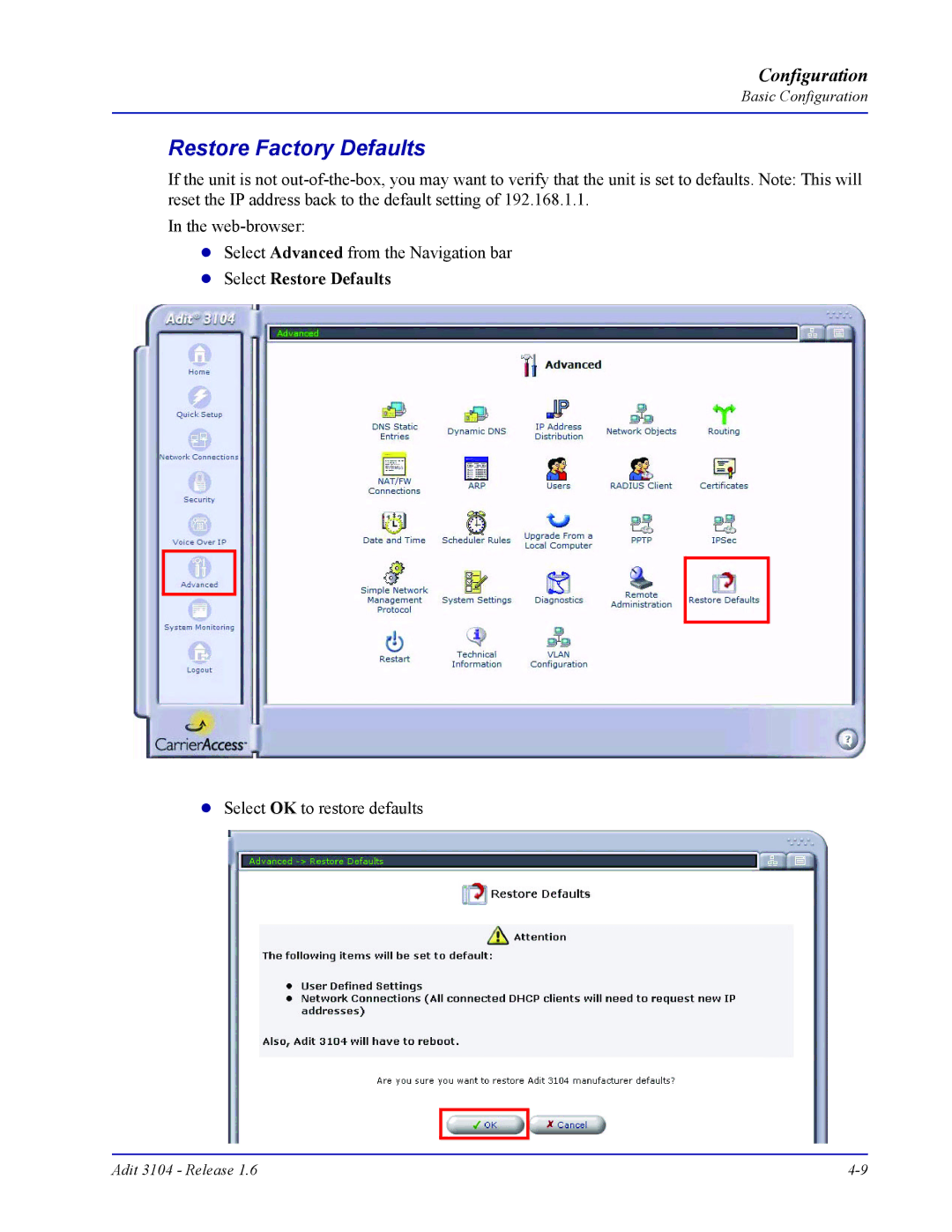Carrier Access Adit 3104 user manual Restore Factory Defaults 