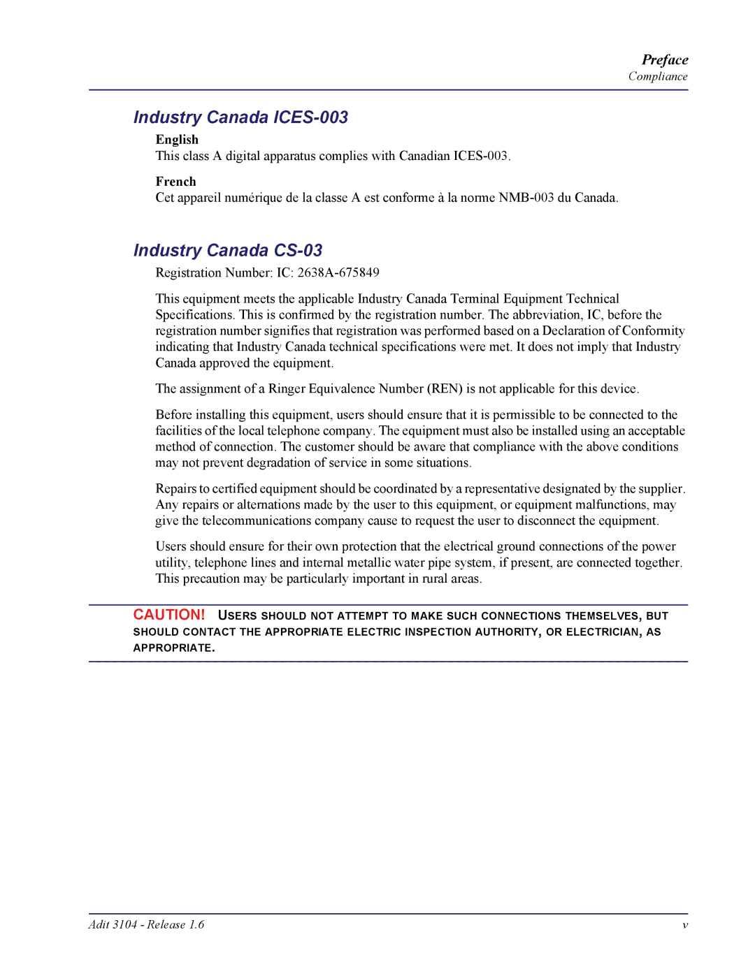 Carrier Access Adit 3104 user manual Industry Canada ICES-003, Industry Canada CS-03 