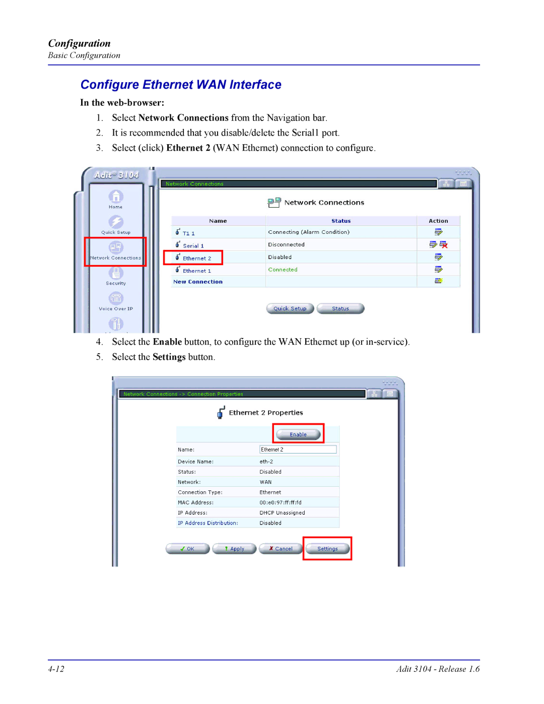 Carrier Access Adit 3104 user manual Configure Ethernet WAN Interface, Web-browser 