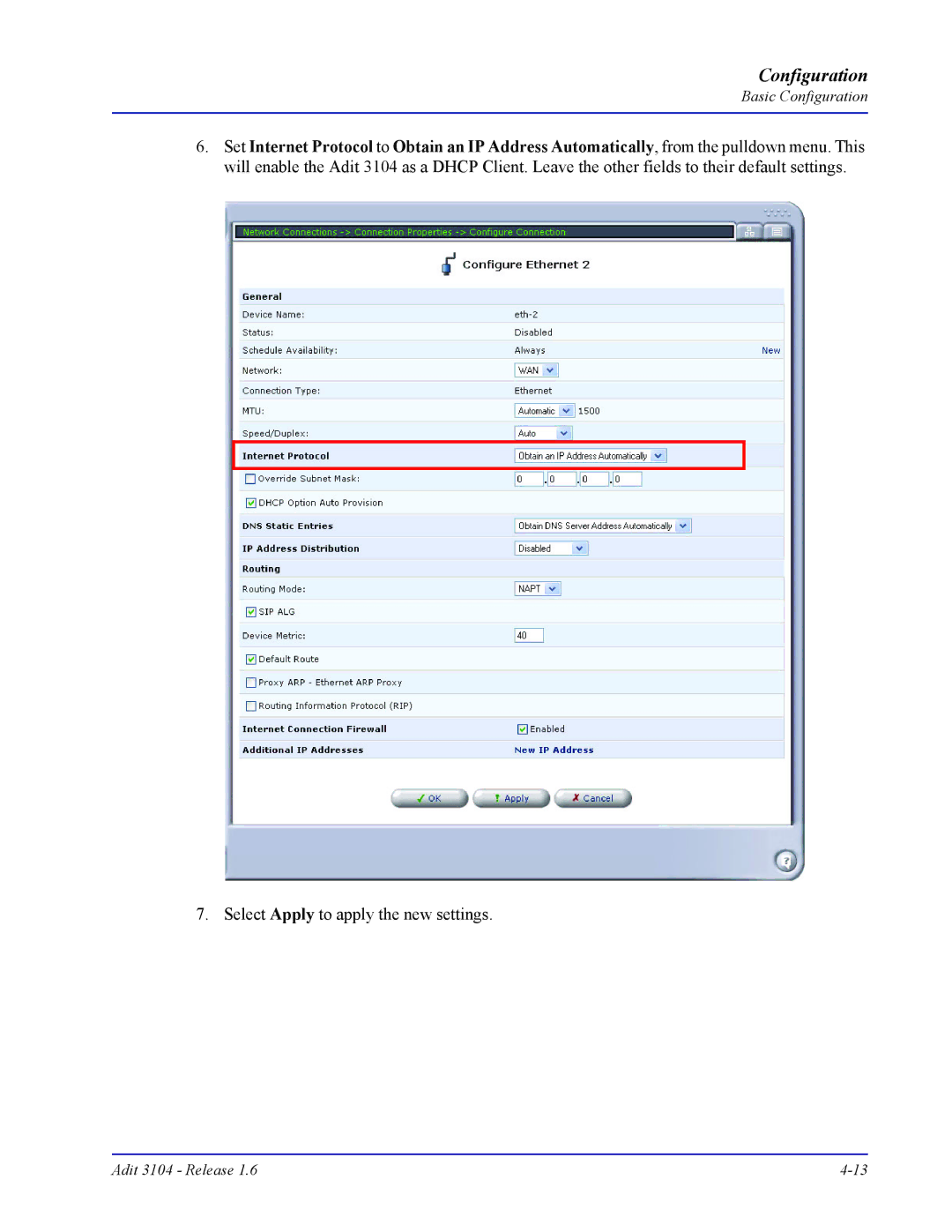 Carrier Access Adit 3104 user manual Select Apply to apply the new settings 