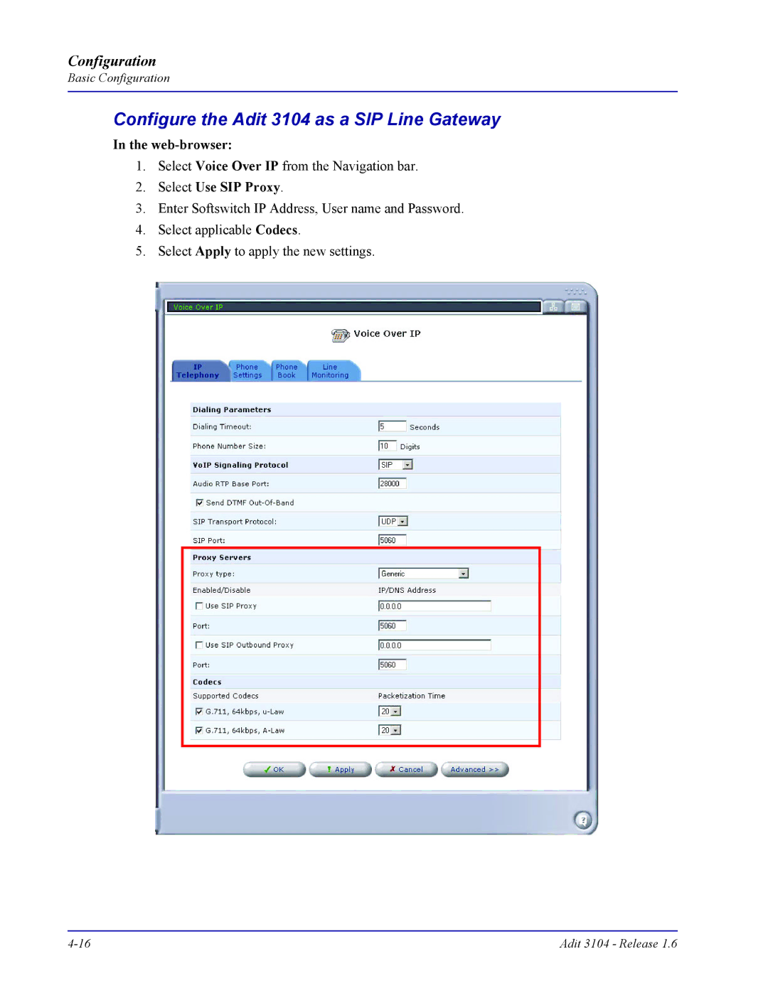 Carrier Access user manual Configure the Adit 3104 as a SIP Line Gateway, Select Use SIP Proxy 