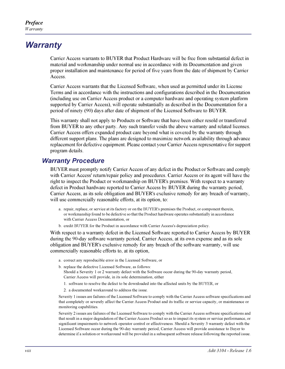 Carrier Access Adit 3104 user manual Warranty Procedure 