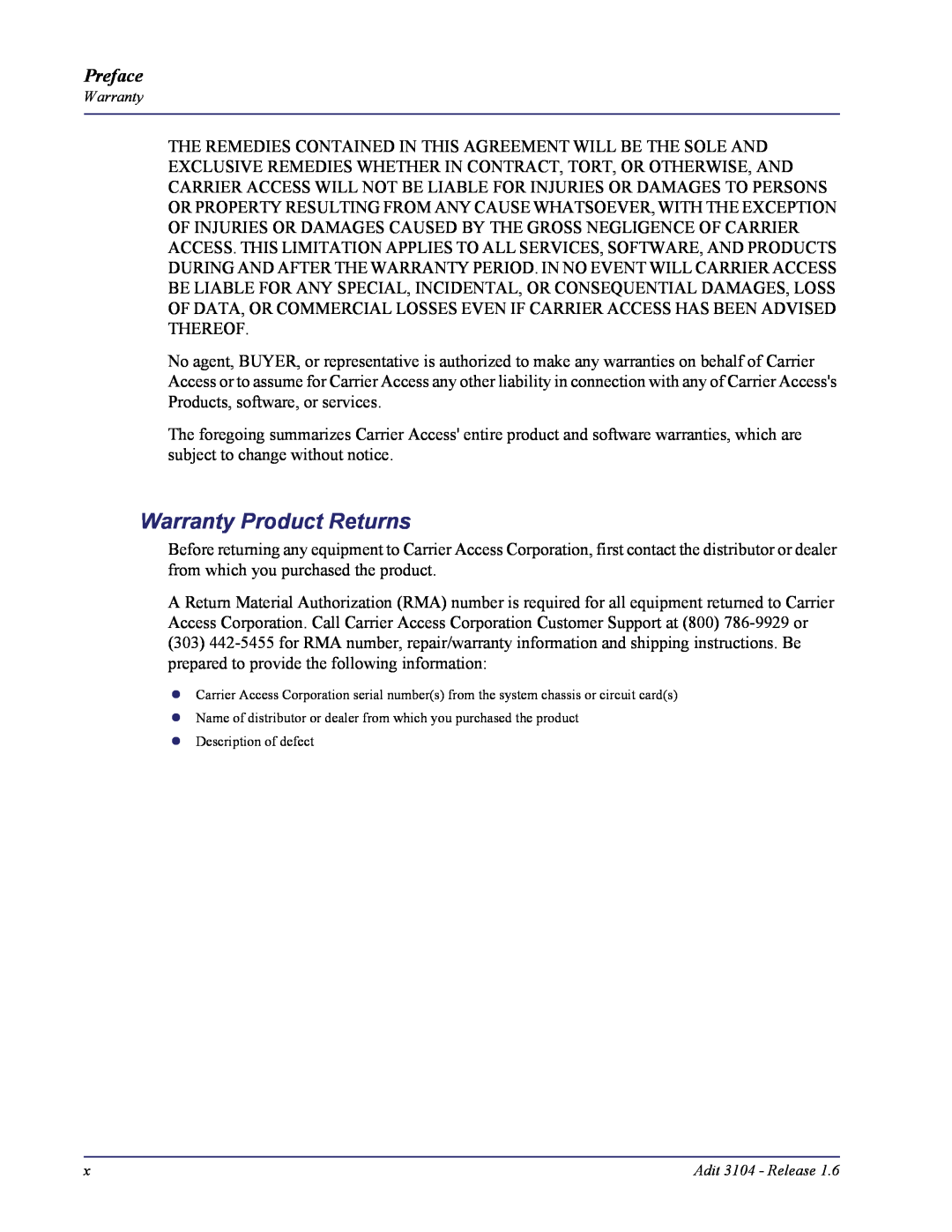 Carrier Access Adit 3104 user manual Warranty Product Returns, Preface, Description of defect 