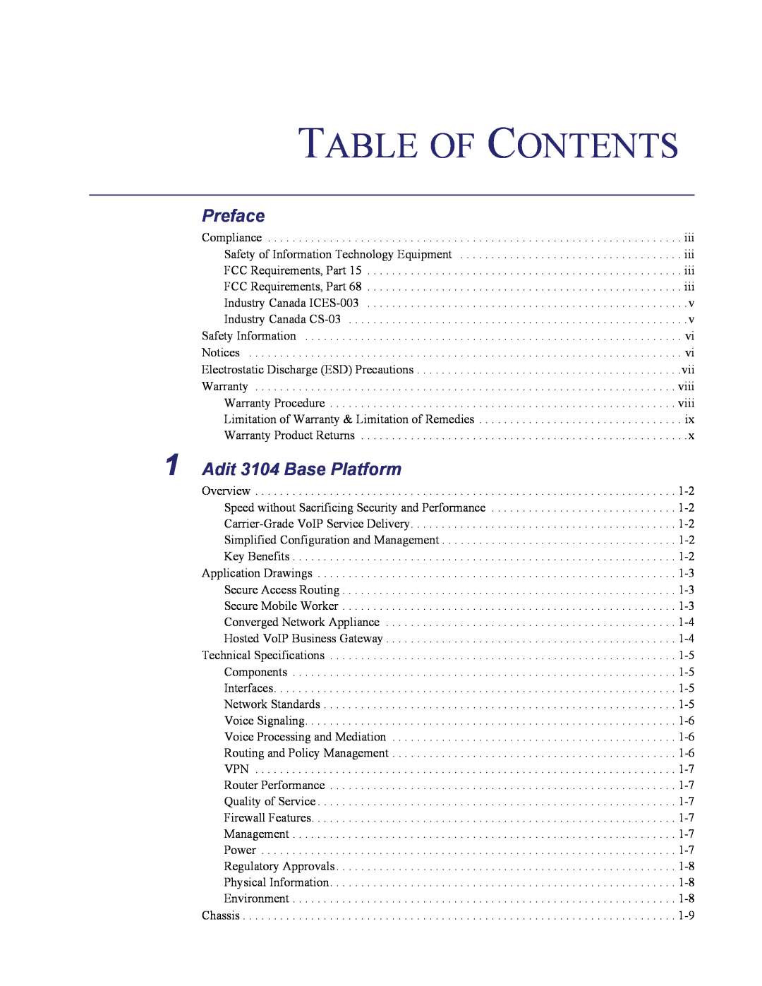 Carrier Access user manual Table Of Contents, Preface, Adit 3104 Base Platform 